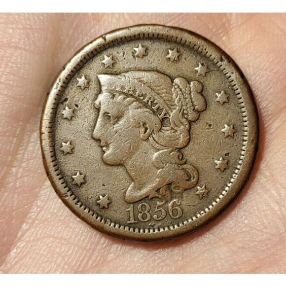 1856 Large Cent Braided Hair Slanting 5 Very Nice Detail - Picture 1 of 4